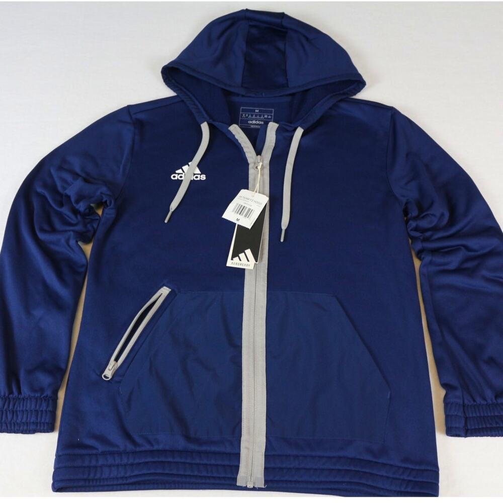 NWT adidas Hooded Full Zip Jacket Navy Blue Size M Athletic Track Jacket